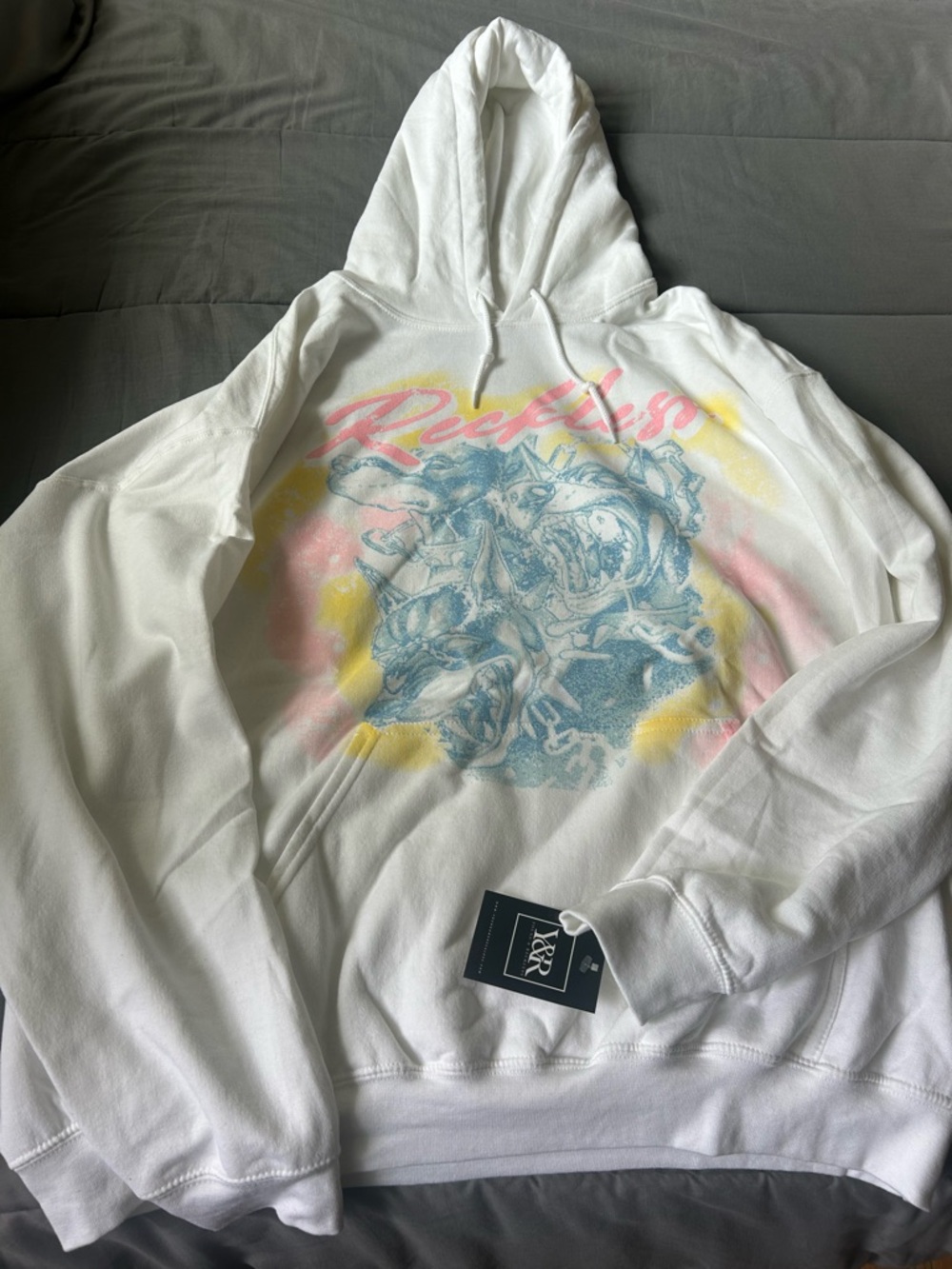 Young & Reckless White Hoodie with Blue, Pink & Yellow Graphic (Brand new)
